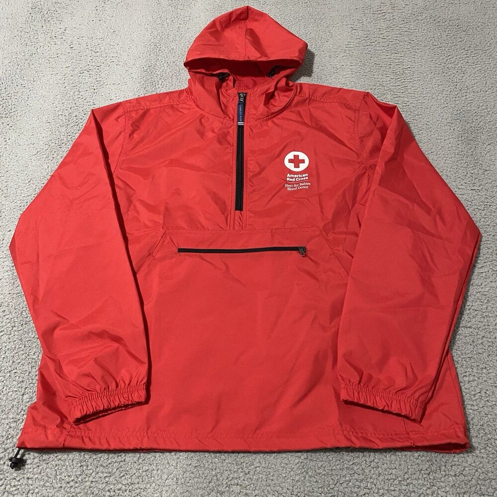American Red Cross ARC Anorak Jacket Mens Large Red 1/2 Zip Hooded Windbreaker